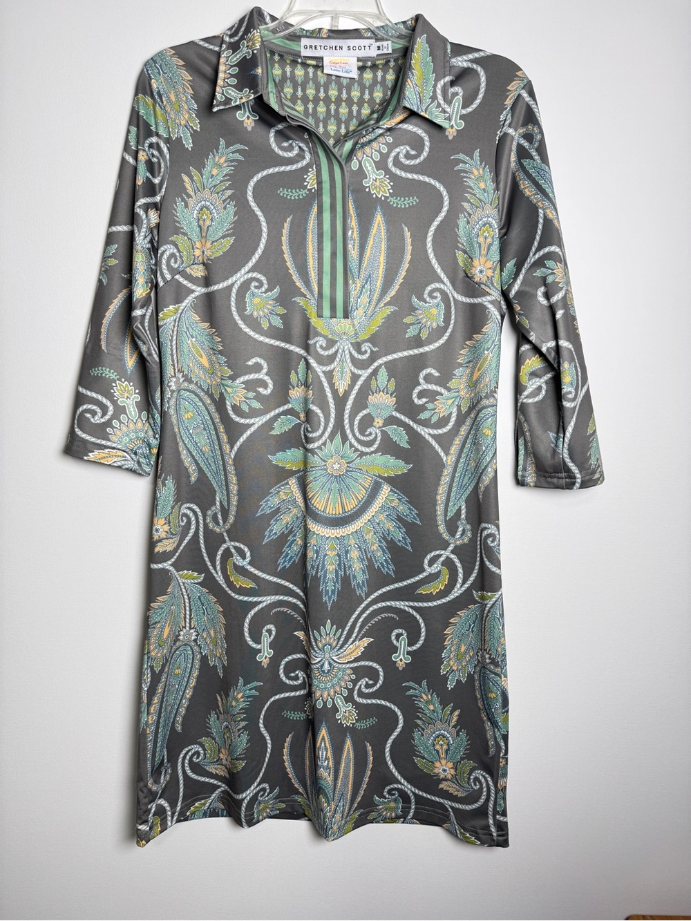 Gretchen Scott Womens Tunic Shift Dress Size Med Gray Paisley Plume 3/4 Sleeve
